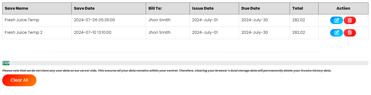 Invoice History Data